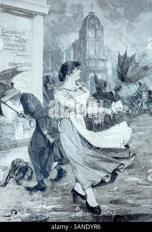 Une rafale de pluie a attrapé les femmes et retourné leurs parapluies à l'envers, 1880, Allemagne, reproduction numérique d'un original du 19ème siècle, historique, Une femme lutte avec son parapluie contre le vent dans un cadre urbain Banque D'Images