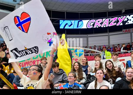 Budweis, République tchèque. 15 avril 2025. Les partisans norvégiens et suédois sont vus lors du Championnat mondial féminin de l'IIHF, Groupe B, match Norvège vs Suède, à Ceske Budejovice, en République tchèque, le 15 avril 2025. Crédit : Vaclav Pancer/CTK photo/Alamy Live News Banque D'Images