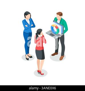 homme d'affaires vectoriel isométrique montrant des diagrammes sur l'écran d'ordinateur portable aux femmes, en couleur sur un fond blanc, la communication d'entreprise ou l'équipe travaillant avec Illustration de Vecteur