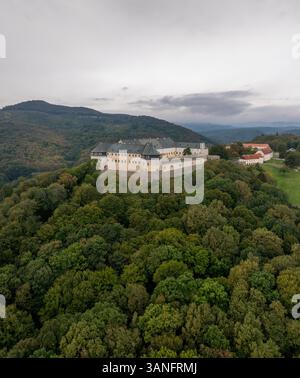 Vue aérienne du château de Cerveny Kamen entouré d'une forêt luxuriante et de collines pittoresques, Casta, Slovaquie. Banque D'Images