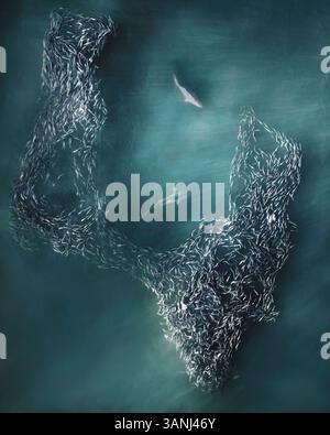 Vue aérienne de requins tournants nageant en eau libre près d'un banc de poissons Menhaden le long de la côte de Southampton, New York, États-Unis. Banque D'Images