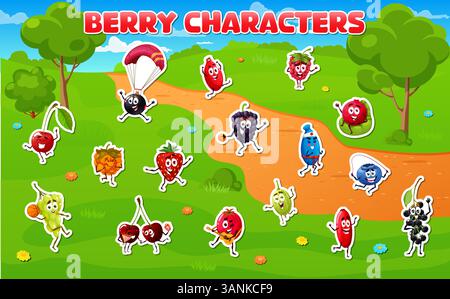 Autocollants paquet de personnages de fruits de baies. Cassis, rose musquée, framboise et cerise, fraise, baies de mûre vecteur de dessin animé personnages drôles faisant du sport, s'amusant dans l'ensemble d'autocollants de parc Illustration de Vecteur