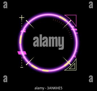 Actif de cadre rond de jeu de néon, modèle de superposition circulaire rose d'interface HUD avec des éléments géométriques futuristes comme des triangles, des croix et des marqueurs numériques. vecteur 3d brillant frontière cyberpunk holographique Illustration de Vecteur