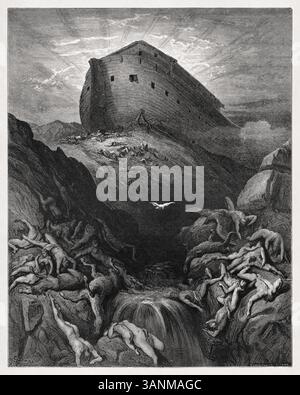 Gravure représentant une colombe envoyée de l'Arche de Noé réalisée en 1866 par Gustave Doré pour illustrer une nouvelle édition de la Sainte Bible. Banque D'Images