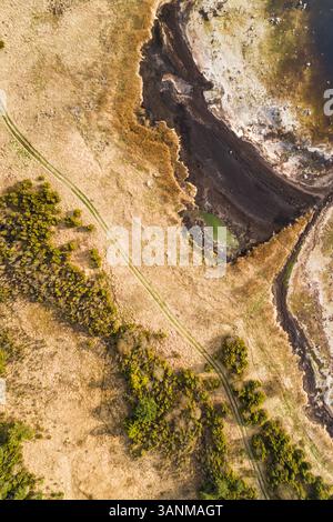 Vue aérienne abstraite du chemin de terre vide à côté de la plage d'algues sur la côte en Estonie Banque D'Images
