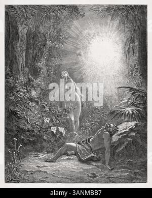Gravure représentant la création d’Eve réalisée en 1866 par Gustave Doré pour illustrer la nouvelle édition de la Sainte Bible. Banque D'Images