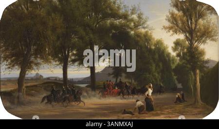 Ce tableau de 1855 de Charles-Joseph Lecointe représente le pape Pie IX dans une calèche lors de sa visite à la Tour di Quinto, capturant un moment de l'histoire papale au milieu du XIXe siècle. Banque D'Images