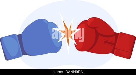 Confrontation et rivalité. Mains frappées. Gant de boxe rouge et bleu. Concours de combat sportif. Compétition de boxe. Boxers Arms punch. Les poings s'affrontent. VS attac Illustration de Vecteur