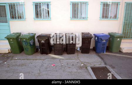 03 avril 2005 ; Los Angeles, CA, États-Unis ; plus de 720 000 foyers sont desservis par le programme de recyclage résidentiel de Los Angeles. Lancé en 1989 par le Los Angeles City Bureau of Sanitation, le programme de recyclage comprend du papier propre, des canettes, du verre, toutes les bouteilles en plastique et des déchets verts. Chaque ménage reçoit trois conteneurs de 60 gallons qui peuvent être ramassés et vidés par un bras robotisé sur le camion à ordures. Le conteneur bleu est destiné au recyclage des métaux, du verre, du plastique et du papier propre. Le bac vert recueille les coupures de jardin, les feuilles, l'herbe, etc Ces déchets verts représentent 30 % de la résidence de la ville Banque D'Images