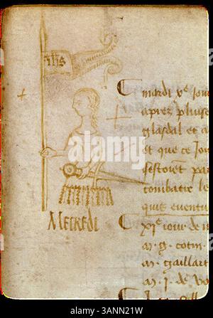 Le dessin réalisé par Clément de Fauquembergue en 1429 au Parlement de Paris présente une représentation de Jeanne d'Arc. L’image représente la figure emblématique dans un contexte historique, lors de son implication dans la lutte nationale française contre l’occupation anglaise. Banque D'Images
