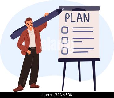 Homme d'affaires a fait un plan d'action avec la liste de contrôle sur le tableau de conférence. Organisateur d'entreprise. Planification de l'ordre du jour. Liste de planification au tableau blanc. Homme tenant un grand stylo. Effi Illustration de Vecteur