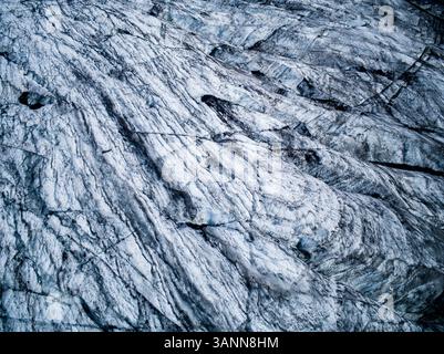 Vue aérienne du glacier Solheimajokull dans le sud de l'Islande. Banque D'Images