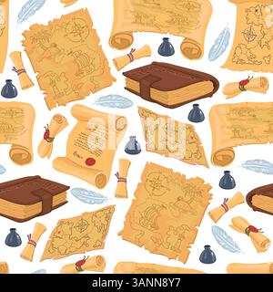 Livres anciens. Modèle sans couture de bibliothèque. Manuscrits anciens et rouleaux de parchemin. Impression répétée. Lecture de manuels scolaires. Plume à plume d'encre. Joint de cire. Trea Illustration de Vecteur