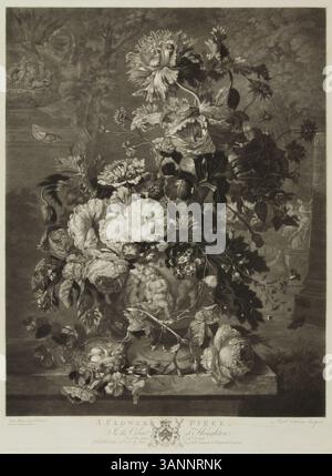 L'impression de Richard Earlom de 1778, 'A Flower Piece', d'après Jan van Huysum, capture la beauté délicate d'un arrangement floral. L’œuvre met en évidence la précision et le détail de la technique de van Huysum, en mettant l’accent sur les couleurs vibrantes et la représentation complexe des fleurs dans les natures mortes. Banque D'Images