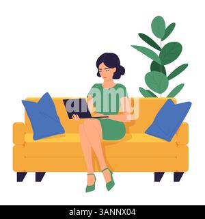 Illustration vectorielle d'une femme travaillant sur un ordinateur portable assise sur un canapé, symbolisant le travail à distance, la productivité numérique et le style de vie moderne. Illustration de Vecteur