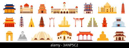 Un ensemble diversifié de monuments architecturaux traditionnels asiatiques, y compris des temples, des portes, des pagodes, des arches et des statues de Bouddha. Met en valeur le patrimoine culturel et spirituel, illustration vectorielle. Illustration de Vecteur