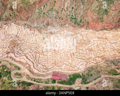 Vue aérienne abstraite des marais salants inca de Maras, Pérou. Banque D'Images