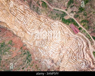 Vue aérienne abstraite des marais salants inca de Maras, Pérou. Banque D'Images