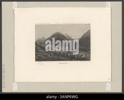 Cette impression capture le magnifique paysage de Pontresina avec la chaîne de la Bernina et les sommets voisins, y compris Munt pers, Piz Palu et Piz Roseg. Il a été créé en utilisant l'aquatinte et les techniques de gravure par Johann Rudolf Dikenmann, représentant les Alpes suisses au milieu du XIXe siècle. Banque D'Images