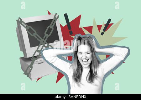 Modèle de tendance de collage de photos d'art composite 3D de jeune dame Scream fatigué moniteur d'ordinateur obsolète chaîne attention métallique Banque D'Images