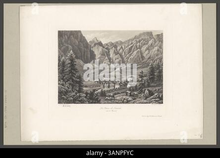 Cette impression aquatinte illustre les thermes de Leukerbad avec une vue vers le col de la Gemmi. Créée par Georg Straub et Lukas Weber, l'image capture le paysage entourant les bains, soulignant les bienfaits pour la santé des sources dans un cadre alpin pittoresque. Banque D'Images
