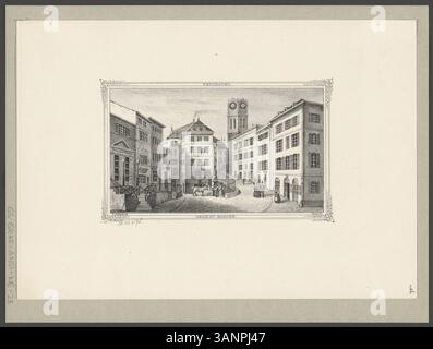 Lithographie de Croix du marché à Neuchâtel, Suisse, réalisée par Jean-Henri Baumann et lithographiée par Werner. L'impression montre une place de la ville représentant le repère de la Croix du marché. Banque D'Images