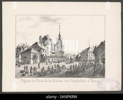 Lithographie montrant une vue de la place de la Maison des orphelins à Berne, créée par Franz Schmid et imprimée par Haller au XIXe siècle. La scène capture le paysage urbain de Berne. Banque D'Images