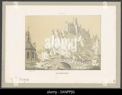 Lithographie de Johann Friedrich Wagner représentant la région de Falkenstein à Soleure. Fait partie de la série 'vues de châteaux, palais et ruines de Suisse' créée de 1840 à 1844. Banque D'Images