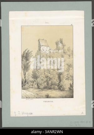Lithographie de Johann Friedrich Wagner des années 1840, représentant Pleujouse, un village du canton du Jura, en Suisse. Cette estampe fait partie de la série « vues des châteaux, palais et ruines de Suisse », présentant des vues architecturales et pittoresques de l'époque. Banque D'Images
