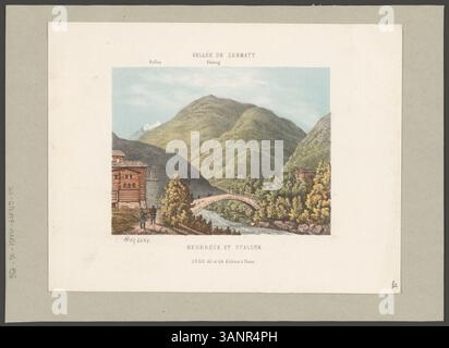 Cette lithographie de Johann Rudolf Dill, réalisée vers 1856, représente la Vallée de Zermatt, avec vue sur les sommets Brunekhorn et Weisshorn, et le village de Neubruck près de Stalden. Banque D'Images