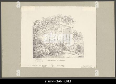 Lithographie réalisée par Gabriel Ludwig Lory en 1822, représentant une vue sur les environs de Lausanne. La pièce est marquée de diverses annotations, y compris le nom du lithographe Haller de Berne et des détails sur l'emplacement, dérivés de principes paysagers basés sur la nature. Publié dans le cadre d'une série sur les études paysagères. Banque D'Images