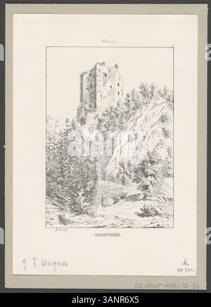 Lithographie de Johann Friedrich Wagner représentant la région de Gilgenberg à Soleure. Fait partie de la série 'vues de châteaux, palais et ruines de Suisse' créée de 1840 à 1844. Banque D'Images