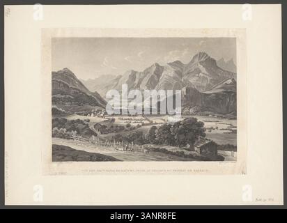 Une gravure de Johann Jakob Schmid montrant la *vue des montagnes de Raticon*, avec une vue sur les montagnes de Raticon sous le château de Sargans, en Suisse, capturée dans une gravure détaillée. Banque D'Images