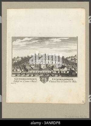 Cette gravure d'Emanuel Büchel et David Herrliberger illustre le village de Gundeldingen dans le canton de Bâle, avec le château local et les monuments à proximité. Il fait partie d'une série topographique complète qui documente les villages et châteaux de Suisse. Banque D'Images