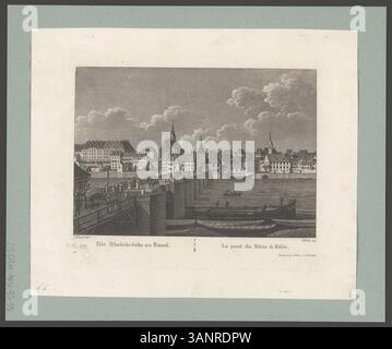 Une gravure en aquatinte et gravure intitulée « Die Rheinbrücke zu Basel », représentant le pont du Rhin à Bâle. L'imprimé, créé entre 1834 et 1838, montre le pont emblématique qui relie la ville à la région environnante. Banque D'Images