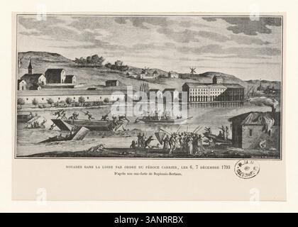 Cette estampe représente la noyade massive de victimes dans la Loire les 6 et 7 décembre 1793, sous les ordres de Jean-Baptiste Carrier sous le règne de la terreur. La scène est basée sur une gravure de Duplessis-Bertaux, montrant les actions brutales de Carrier, une figure révolutionnaire française. L'événement est connu pour sa violence et sa répression pendant la Révolution française. Banque D'Images