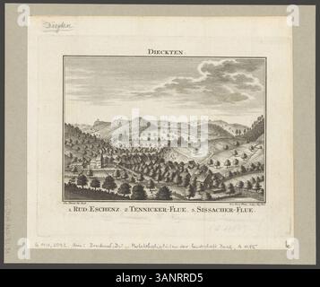 Cette gravure représente des vues de la région de Bâle, créées par Emanuel Büchel et Johann Georg Pintz. Il fait partie d'une série illustrant des monuments historiques et naturels. Le titre fait référence à Dieckten, montrant des paysages de la région de Bâle à partir du XVIIIe siècle. Banque D'Images