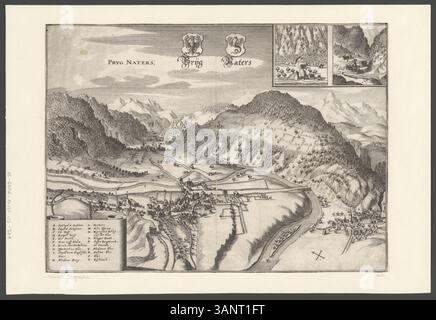 Cette gravure de Caspar Merian, produite dans le cadre de la 'Topographia Helvetiae', représente le village de Naters dans le canton du Valais, en Suisse. Créé dans le cadre d’une série en 1653, il offre une vue historique du paysage suisse. Banque D'Images