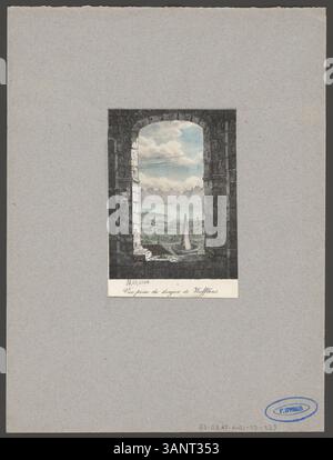 Cette lithographie, réalisée par Herminie Chavannes en 1831, montre une autre vue depuis le donjon du château de Wufflens en Suisse. L'imprimé fait partie de la collection 'la Suisse en miniature', avec des paysages détaillés de châteaux et de régions suisses. Banque D'Images