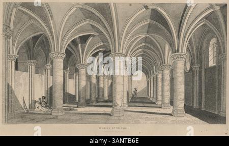 L’impression de John Sell Cotman de 1821 du Mont constitué Michel met en valeur l’intérieur grandiose de la salle des Chevaliers. Les caractéristiques architecturales, telles que les arches imposantes et les détails complexes, sont méticuleusement rendus, soulignant l'importance historique de la structure médiévale. Banque D'Images