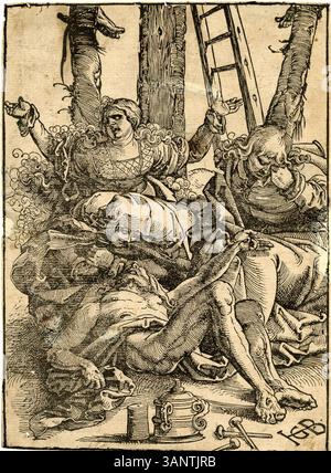 L'estampe de Hans Baldung Grien, créée vers 1515-1517, capture la Lamentation du Christ, un thème commun dans l'art religieux, montrant le deuil du corps du Christ après la crucifixion. Son style expressif apporte un sentiment d'immédiateté et d'intensité à la scène. Banque D'Images