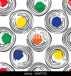 Fond de motif sans couture vectoriel de coups de pinceau de couleur primaire en gras. Le pinceau dessiné des lignes courbes noires et la peinture rouge vert bleu jaune blobs des points Illustration de Vecteur