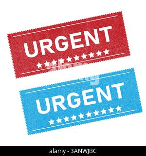 Étiquette urgente avec étiquettes rouges et bleues – texte blanc en gras et motif étoile pour une notification attirant l'attention Illustration de Vecteur
