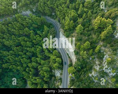 Vue aérienne de la route amalfitaine route serpentine traversant la forêt le long de la côte amalfitaine près de Positano, Salerne, Campanie, Italie. Banque D'Images