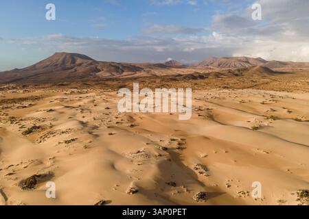 Vue aérienne des dunes de sable du désert au parc naturel de Corralejo à Fuerteventura, îles Canaries, Espagne. Banque D'Images