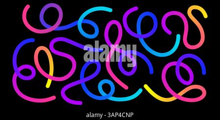Collection de lignes de couleur dégradé sur fond noir - courbes lisses en boucle dans des formes abstraites définies dans une palette vibrante. Illustration de Vecteur