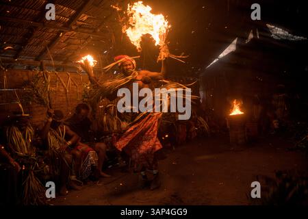 Les participants à une cérémonie des Bwiti, vêtus d'une tenue rituelle faite de feuilles de palmier séchées, dansent avec des torches allumées à l'intérieur d'un petit temple. Banque D'Images