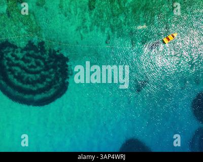 Vue aérienne du bateau à la mer turquoise, île de Brac, Croatie. Banque D'Images
