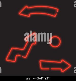 Ensemble vectoriel de flèches rouges de néon lumineux sur fond noir. Pointeurs colorés. Symbole lumineux rétro. Emblème pour club ou bar. Bannière à flèche légère. De Illustration de Vecteur