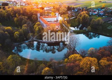 Vue aérienne du château de Panemune près de la rivière Neman dans le district de Jurbarkas, Skirsnemune, Lituanie. Banque D'Images